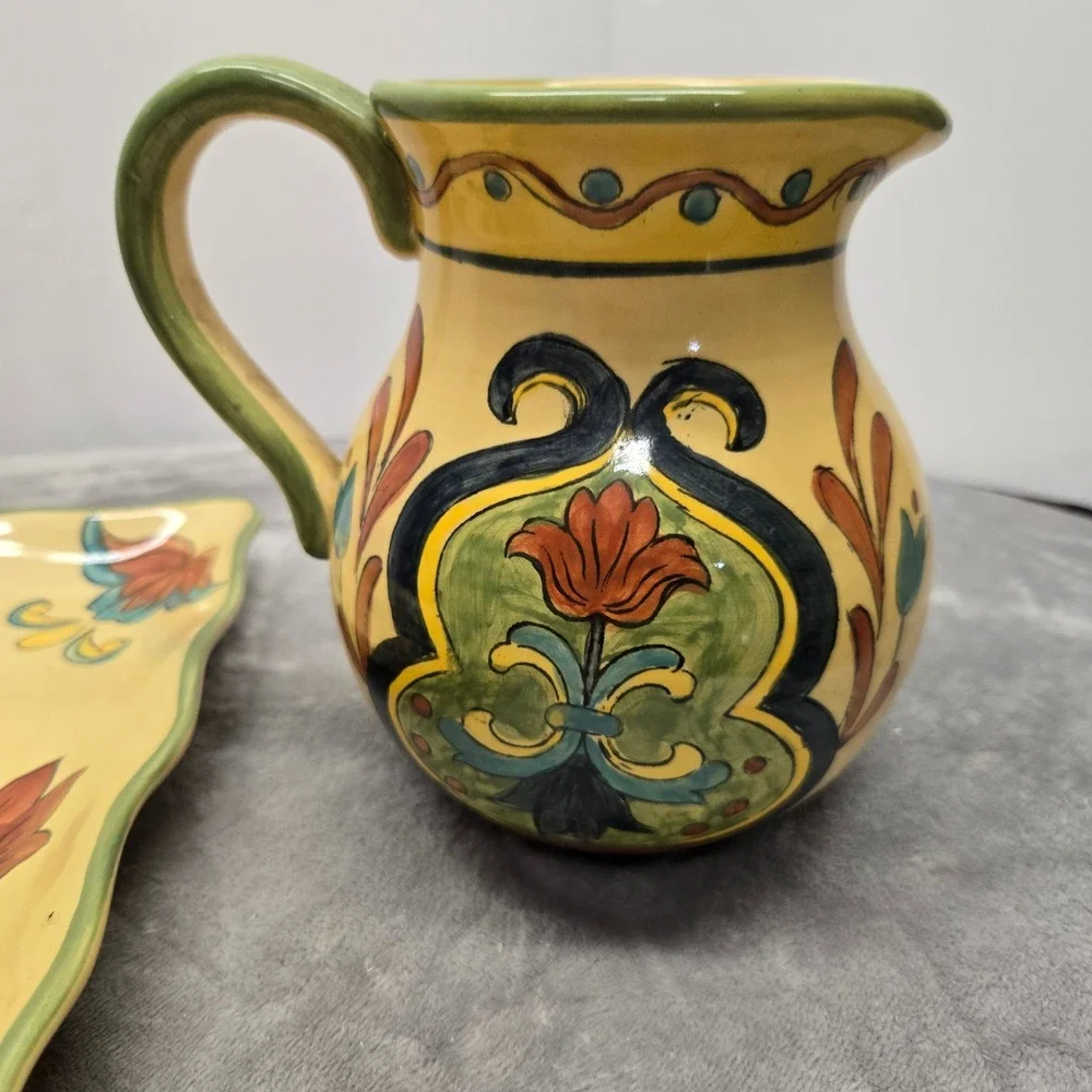 Talavera Style Ceramic Pitcher and Square Platter Set Yellow Floral Hand Painted